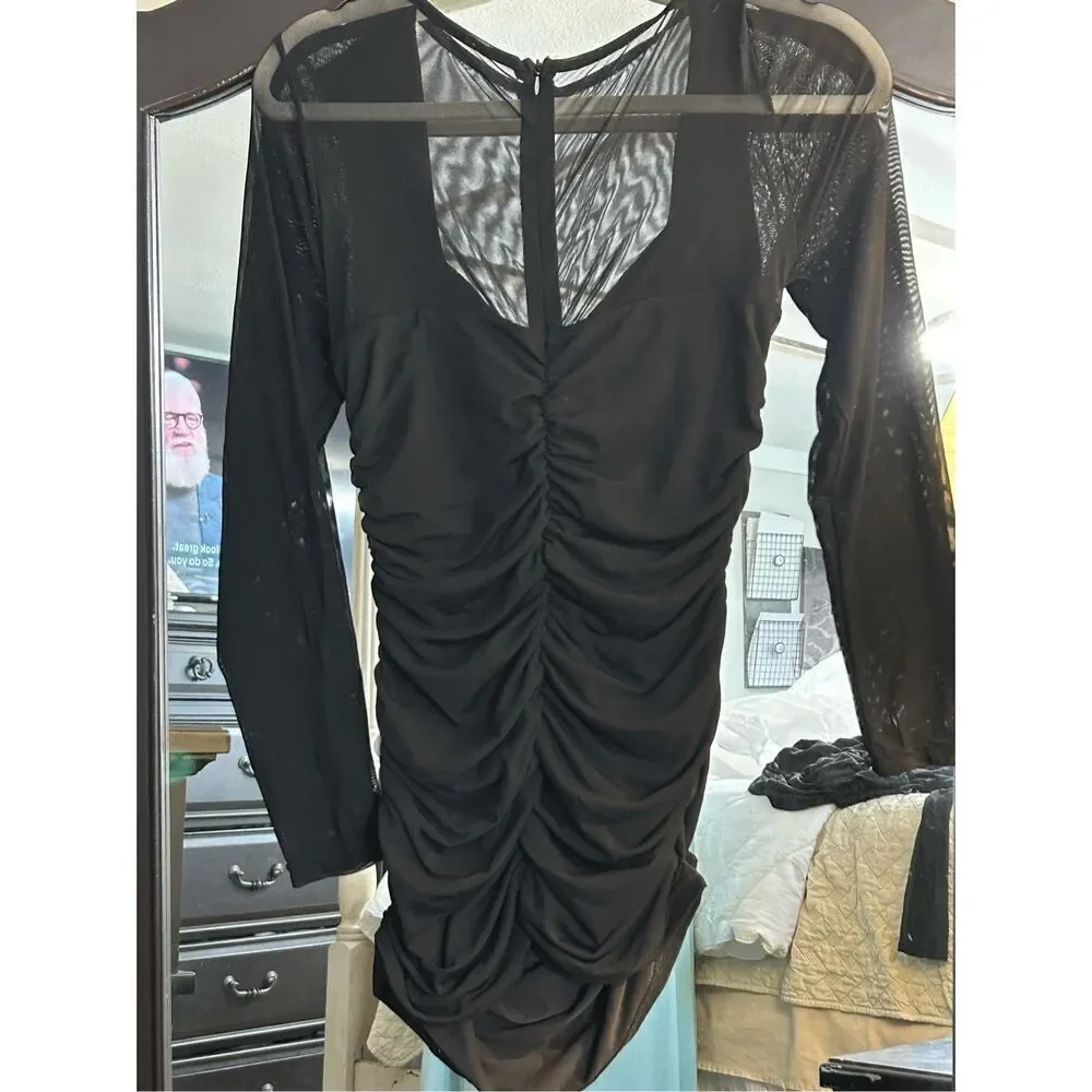 New Black Ruched Bodycon Square Neck Mini Dress S - Picture 2 of 3